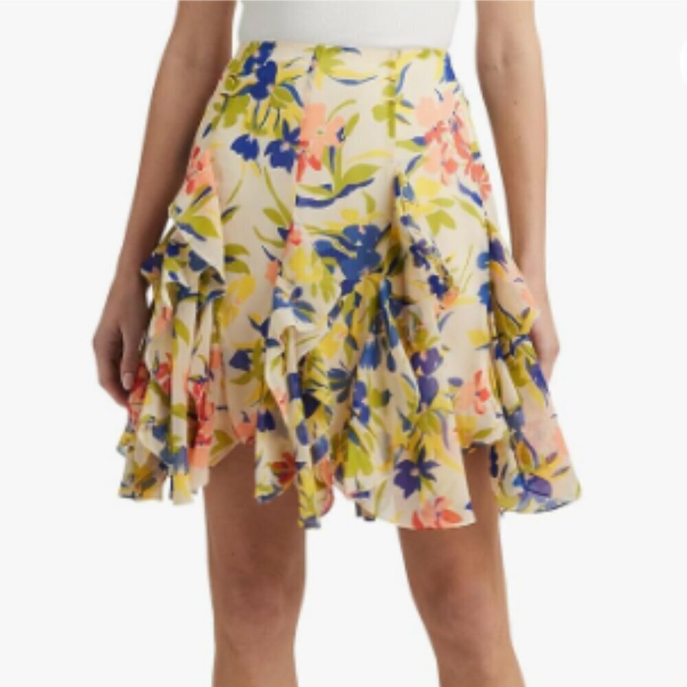 💥   auren Womens 14 Ruffled Floral Miniskirt Cream Multicolor